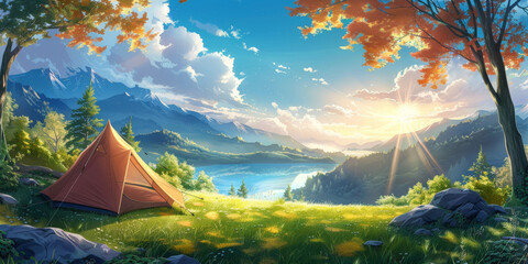 a tent sits on the grass in a beautiful scenic backdrop, Camping tent in a camping in a forest