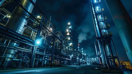 Fototapeta na wymiar Industrial Nighttime Scene with Illuminated Factory . An industrial complex stands aglow at night, with smokestacks releasing steam against a dark sky, reflected in water. 