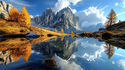 Awesome sunny autumn day in the dolomites reflections in the water - obrazy, fototapety, plakaty