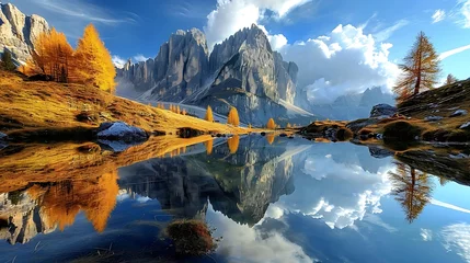 Fotobehang Dolomieten Awesome sunny autumn day in the dolomites reflections in the water