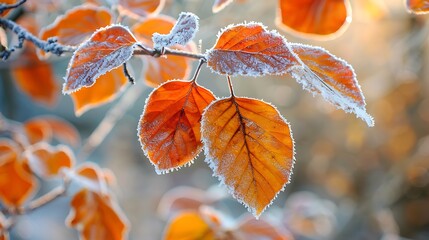 Beautiful colorful nature with bright orange leaves covered with frost in late autumn 