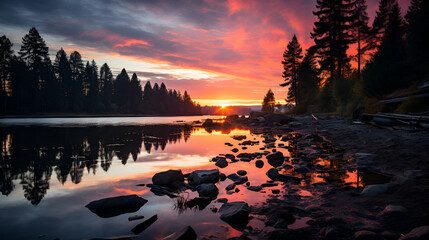 A serene lake at sunrise, surrounded by lush greenery, with the sky ablaze in hues of orange and pink, reflecting in the still waters below - obrazy, fototapety, plakaty