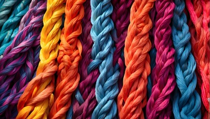 Ropes of various colors braided together against a vibrant background, illustrating the strength and empowerment of a diverse team working in unity and support Generative AI - obrazy, fototapety, plakaty