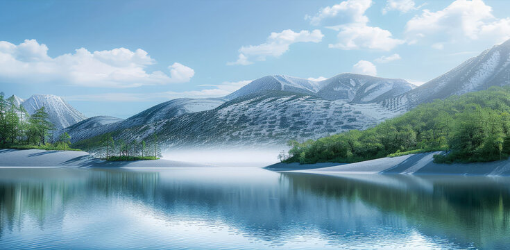 A magical panorama landscape with a lake in the mountains.	
