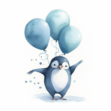 Cute penguin holding balloons.

