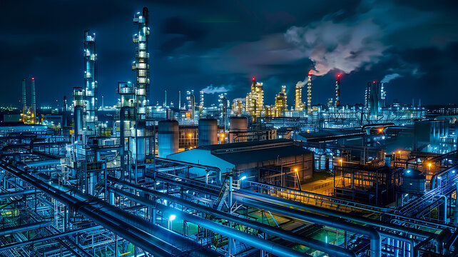 Industrial Nighttime Scene with Illuminated Factory
. An industrial complex stands aglow at night, with smokestacks releasing steam against a dark sky, reflected in water.
