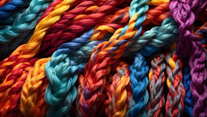 Ropes of various colors braided together against a vibrant background, illustrating the strength and empowerment of a diverse team working in unity and support Generative AI - obrazy, fototapety, plakaty