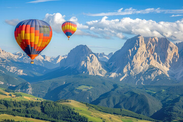Two hot air balloons flying over mountains