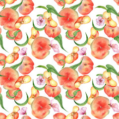 Watercolor flat peaches with leaves and flowers seamless pattern isolated on white. Fruits and flowers pattern painted. Chines Fig peaches hand drawn. Design element for package, skin care cosmetic