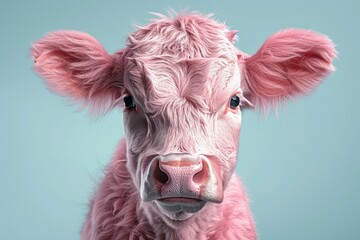 An engaging close-up view of a textured pink calf looking directly at the viewer