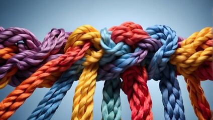 A strong, diverse team symbolizes unity and partnership by intertwining ropes of different colors, representing communication, support, and the power of cooperation Generative AI - obrazy, fototapety, plakaty