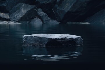 Dark Stone Podium showcase placed landscape in Lake Background. Generative Ai