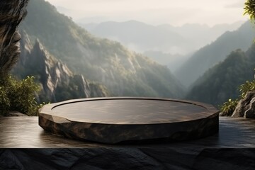 Podium black Stone marble Showcase landscape on Natural mountain Background. Generative Ai