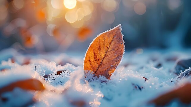 Beautiful winter background with a leaf covered with hoarfrost in nature in the snow