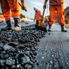 Naklejka premium Road construction workers' teamwork, tarmac laying works at a road