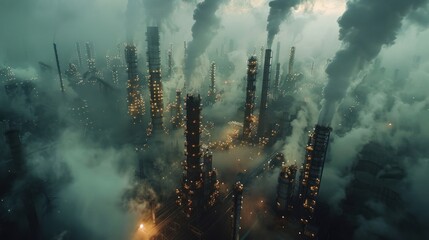 An aerial photograph of a large industrial factory that emits toxic fumes. - obrazy, fototapety, plakaty