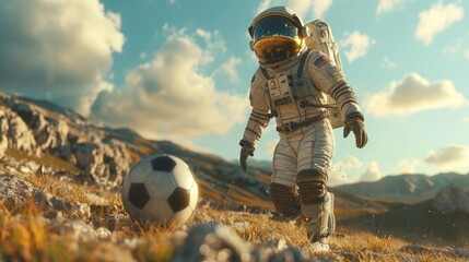 An astronaut in a spacesuit on an alien planet plays football. Slow shot. Majestic scene related to space.