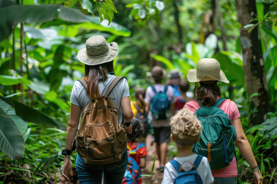 Woman teacher with kids from her class exploring nature and lush forest in a school trip