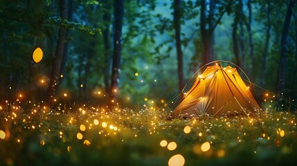 camping tent with placed on green meadow in evening in nature with lights all around