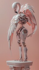 A contemporary artwork portraying a robotic flamingo with mechanical parts, against a pastel background