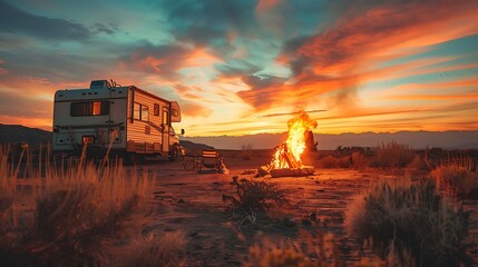 caravan parked on sandy terrain with dry vegetation and burning bonfire against bright sundown sky in nature - obrazy, fototapety, plakaty