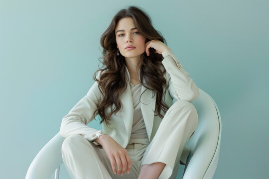 Young Beautiful Woman With Dark Brown Long Wavy Hair, Wearing Elegant Light Color Pantsuit, Sitting A Modern Chair