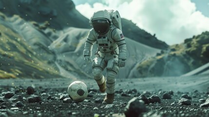 Fototapeta na wymiar An astronaut in a spacesuit on an alien planet plays football. Slow shot. Majestic scene related to space.