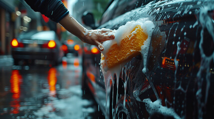 Car service male worker cleaning car with foam and sponge - Powered by Adobe