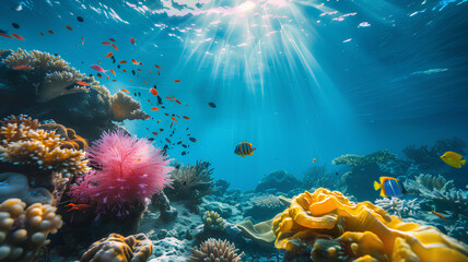 Vibrant Coral Reef Teeming with Marine Life
. An underwater oasis of biodiversity, this coral reef bustles with colorful fish, coral formations, and sunrays from above.
