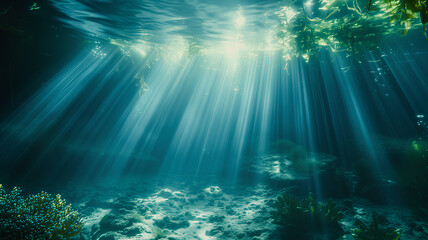 Fototapeta na wymiar Underwater Paradise with Sunbeams and Coral Reef . Sunlight filters through the water, illuminating an enchanting underwater scene with a vibrant coral reef and fish. 