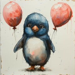 Cute penguin holding balloons. - obrazy, fototapety, plakaty