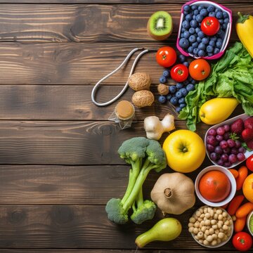 Top view of stethoscope, organic vegetables and fruits