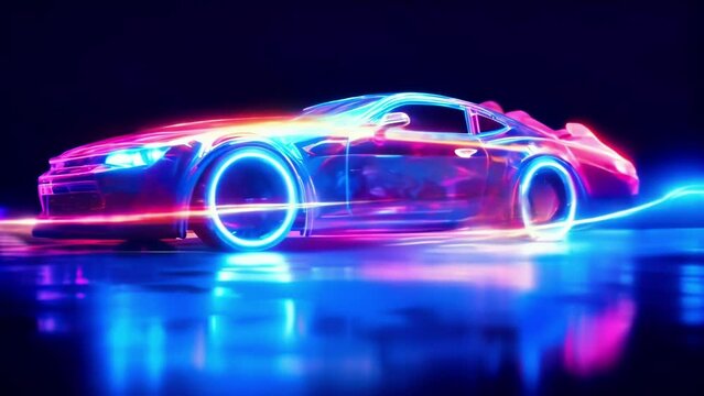 Underneath the car a rainbow of neon lights shines brightly adding a splash of fun and playfulness to its appearance.
