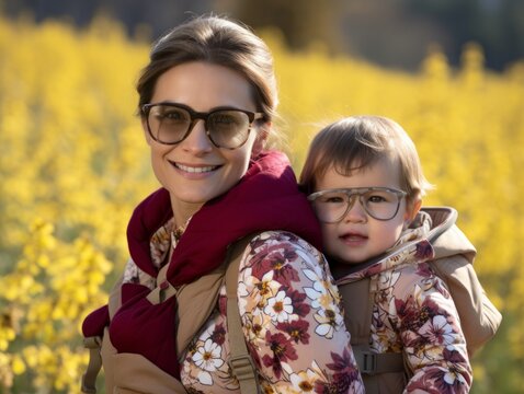 A stylish mother and her daughter, both in glasses, pose amidst a vibrant yellow flowering backdrop