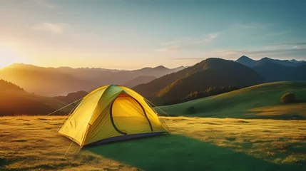Tuinposter Camping at sunset, view of camping tent in summer evening © Derby