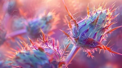 Serene Hues in Thistle: Milk thistle petals captured in extreme macro, displaying serene colors like Golden Sunset. - obrazy, fototapety, plakaty