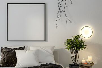 Minimalist White Bedroom with Black Wall Frame and Tree Art