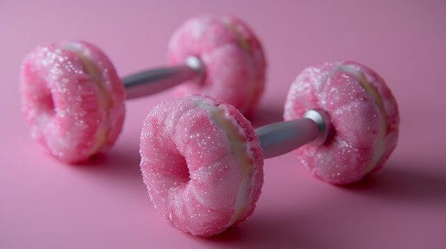 Two sets of dumbbells designed as pink donuts with sugar on them against a soft pink background