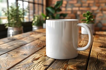 White Coffee Mug on Wooden Table in Hyper-Realistic 8k Rendering