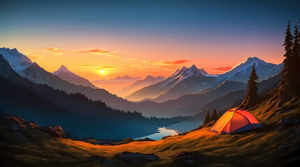 Camping at sunset, view of camping tent in summer evening