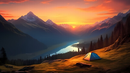 Camping at sunset, view of camping tent in summer evening - obrazy, fototapety, plakaty