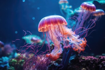 Beautiful jellyfish in the aquarium, Jellyfish swimming underwater in the deep blue ocean Concept, Ai generated