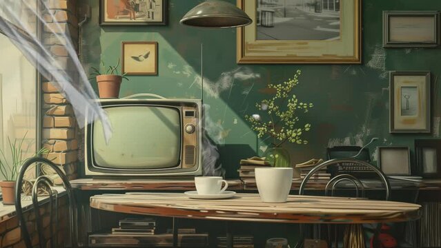 a comfortable cafe room with a cup of coffee on the table and old television