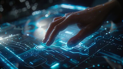 A close-up shot captures the subtle interaction between human and technology, as fingertips gracefully navigate a touchscreen, bridging the gap between the digital and physical realms. 