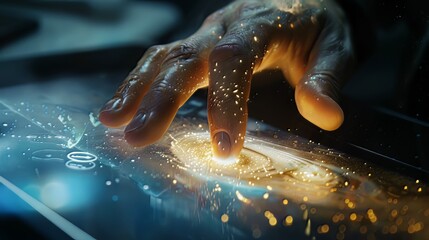 A close-up shot captures the subtle interaction between human and technology, as fingertips gracefully navigate a touchscreen, bridging the gap between the digital and physical realms. 