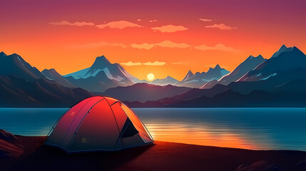 Camping at sunset, view of camping tent in summer evening - obrazy, fototapety, plakaty