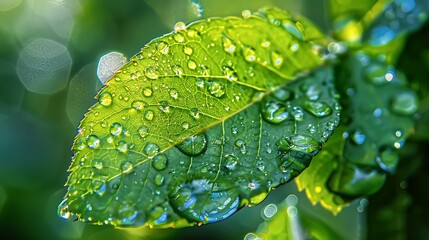 Large beautiful drops of rain water on a green leaf macro
