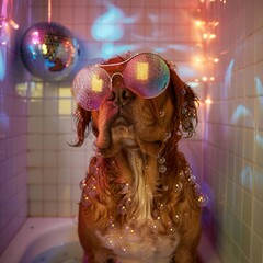 A funky dog donning oversized sparkling glasses and shower cap lounges in a bathtub with disco vibes