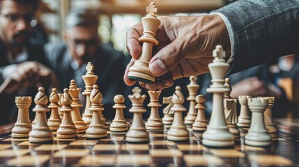 A businessman holds a chess strategy with teamwork, leadership, planning, or intelligence. - obrazy, fototapety, plakaty