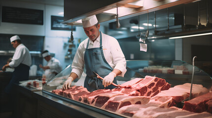 Master Butcher at Work in a Traditional Butcher Shop Displaying Premium Quality Fresh Meats - obrazy, fototapety, plakaty
